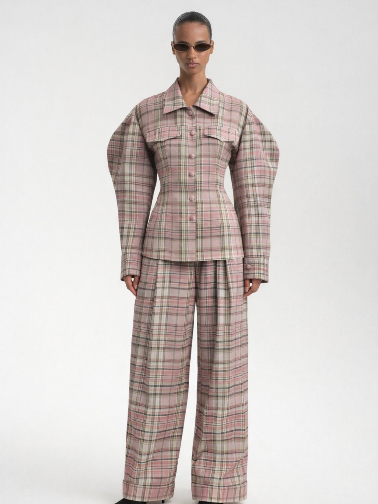 Καρό Oversized Set με Έντονους Ώμους