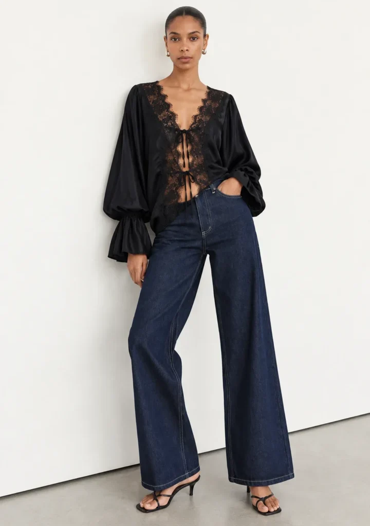 Satin Lace Tie-Front Shirt