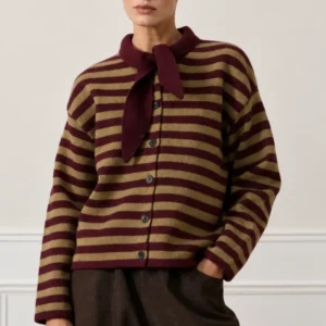Striped Bow Knit Cardigan - Thumbnail Image 1