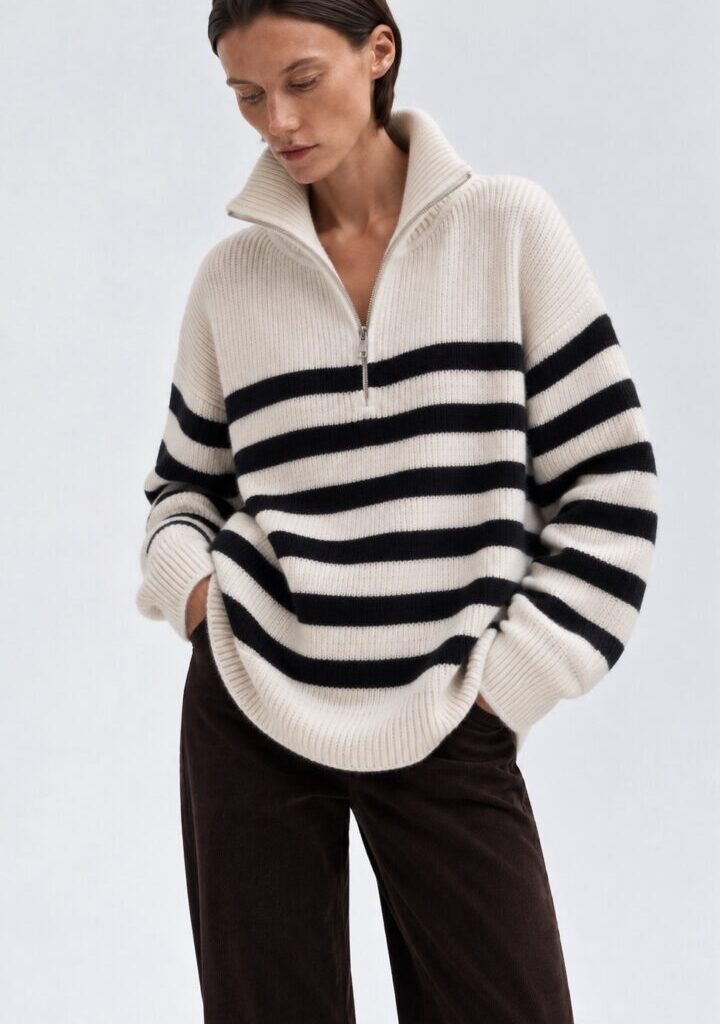 Ριγέ Πλεκτό Πουλόβερ με Φερμουάρ